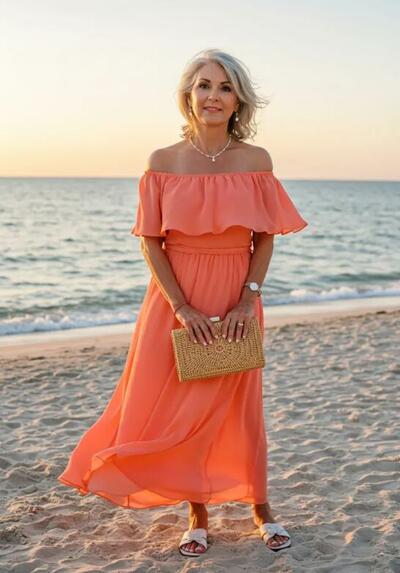 Orange A Line Off the Shoulder Chiffon Mother of Bride/Groom Dress Evening Formal Gown