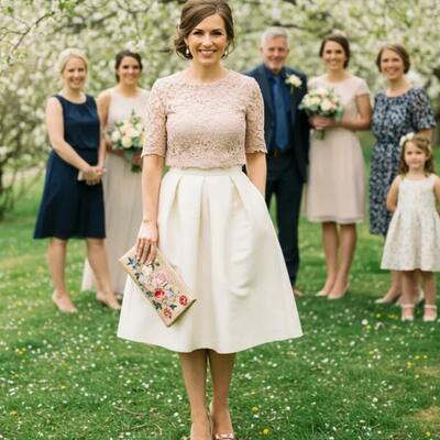 Two pieces tea-length mother of bride/groom dress evening formal gown