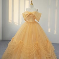 Yellow Tulle Off the Shoulder A-Line Princess Prom Dress - Thumbnail 1