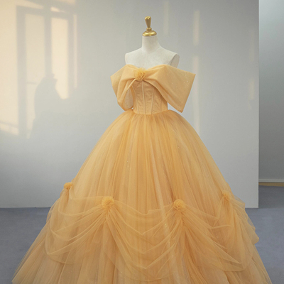 Yellow tulle off the shoulder a-line princess prom dress - Thumbnail 1