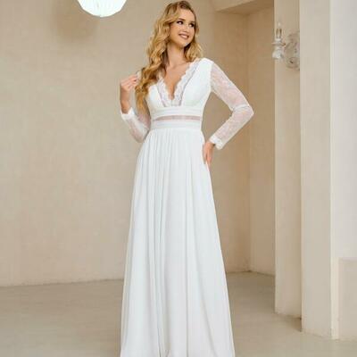 A line wedding dress pleated chiffon lace long sleeve boho wedding dress v neck beach bridal dress，1136