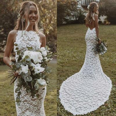 Sexy backless boho wedding dress for women robe de mariée mermaid lace summer bohemian bridal dresses，1138