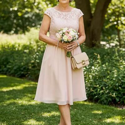 Pink a line chiffon tea-length mother of bride/groom dress evening formal gown