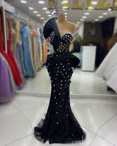 Black Prom Dresses for Black Women Promdress Illusion Mermaid Evening Dresses Elegant Beaded Lace Rhinestones Birthday Dress