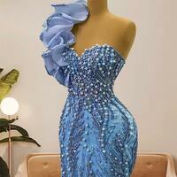 Sky Blue Prom Dress Mermaid Promdress One Shoulder Beaded Lace Flora Pearls Birthday Dress Second Reception Gowns For Special Occasions - Thumbnail 1