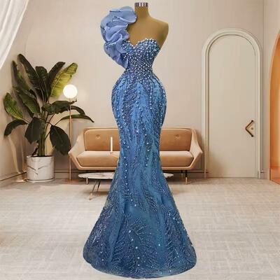 Sky blue prom dress mermaid promdress one shoulder beaded lace flora pearls birthday dress second reception gowns for special occasions
