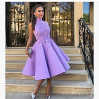 Light Purple Cocktail Dresses For Special Occasions High Neck Short Mini Prom Dress Appliqued Beaded Lace Evening Formal Gowns Birthday Party Dress - Thumbnail 1