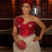 Classic African Prom Dress Red & Gold Evening Dresses For Special Occasions V Neck Illusion Beaded Sequined Lace Birthday Dress - Thumbnail 1