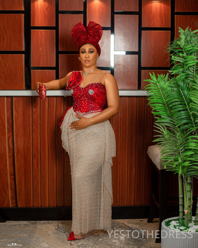 Classic African Prom Dress Red & Gold Evening Dresses For Special Occasions V Neck Illusion Beaded Sequined Lace Birthday Dress