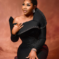 Black Prom Dress Mermaid Evening Dresses Formal Gowns Off Shoulder Beaded Long Sleeves Rhinestones Birthday Dress Second Reception Dress - Thumbnail 1