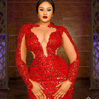 Red Cocktail Dresses For Women Short Prom Dresses Mini Dresses Illusion Sheer Neck Long Sleeves Beaded Lace Birthday Dresses - Thumbnail 1