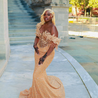 Gold Prom Dress Mermaid Promdress Flora Evening Gowns Illusion Sheer Neck Long Sleeves Beaded Lace Birthday Party Dress Second Dress - Thumbnail 1