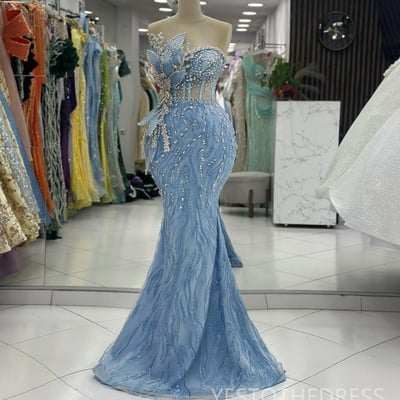 Sky blue prom dress evening dresses elegant illusion mermaid promdress beaded lace rhinestones decorated birthday dress reception dress