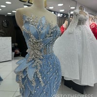 Sky Blue Prom Dress Evening Dresses Elegant Illusion Mermaid Promdress Beaded Lace Rhinestones Decorated Birthday Dress Reception Dress - Thumbnail 1