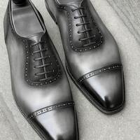 Elegant Grey Structure With Black Tone Polishing Handmade Ocford Brogue Lace Up Shoes - Thumbnail 1