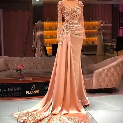 Prom party gown new evening dresses plus size formal floor-length custom applique illusion long sleeve high neck beaded mermaid satin sequins