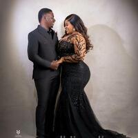 Plus Size Black Mermaid Prom Dress Lace Beaded Evening Formal Party Second Reception 50th Birthday Engagement Dress - Thumbnail 1