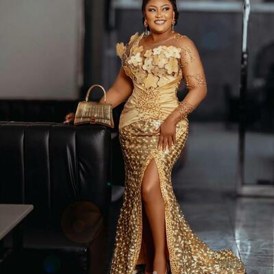 Plus size gold mermaid prom dress lace florals evening formal party second reception 50th birthday engagement thanksgiving gowns