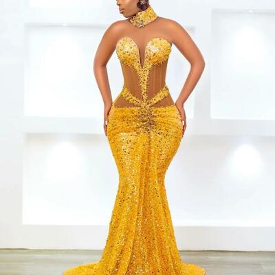 Plus size yellow mermaid prom dresses for special occasions beaded crystals sequined evening formal party second reception birthday dress