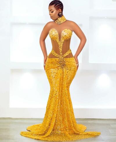 Plus Size Yellow Mermaid Prom Dresses For Special Occasions Beaded Crystals Sequined Evening Formal Party Second Reception Birthday Dress