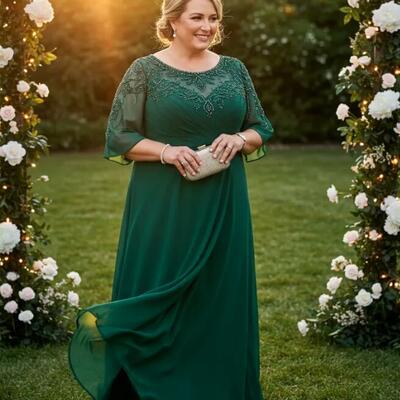 Plus size a line green chiffon mother of bride/groom dress evening formal gown