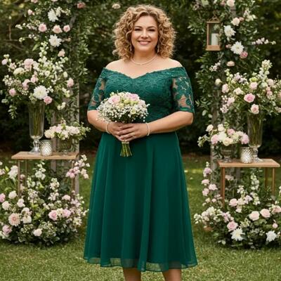 Plus size a line green chiffon short sleeve tea-length mother of bride/groom dress evening formal gown