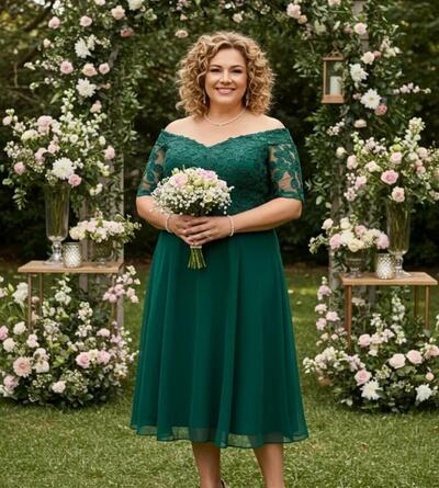 Plus Size A Line Green Chiffon Short Sleeve Tea-length Mother of Bride/Groom Dress Evening Formal Gown