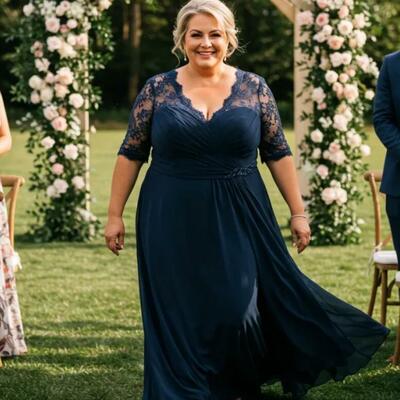 Plus size sheath short sleeve lace chiffon mother of bride/groom dress evening formal gown