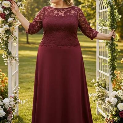 Plus size a line burgundy wine red chiffon half sleeve lace mother of bride/groom dress evening formal gown