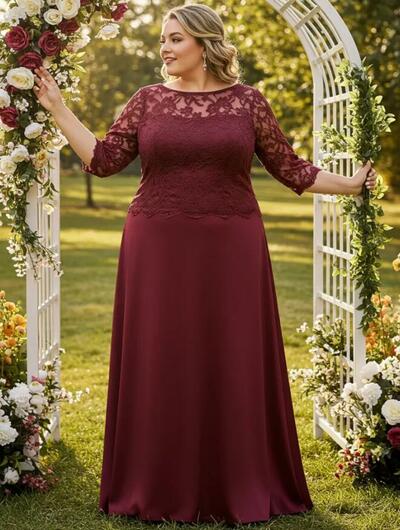 Plus Size A Line Burgundy Wine Red Chiffon Half Sleeve Lace Mother of Bride/Groom Dress Evening Formal Gown