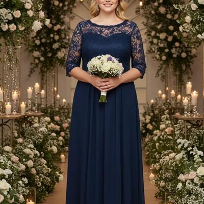 Navy blue sheath half sleeve lace chiffon mother of bride/groom dress evening formal gown