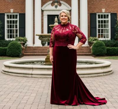 Plus Size Burgundy WIne Red Velvet Two Pieces Mother of Bride/Groom Dress Evening Formal Gown