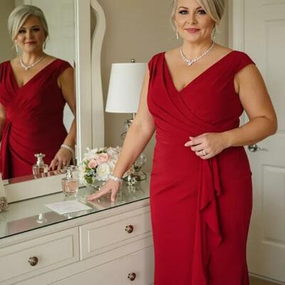 Plus size red satin mother of bride/groom dress evening formal gown