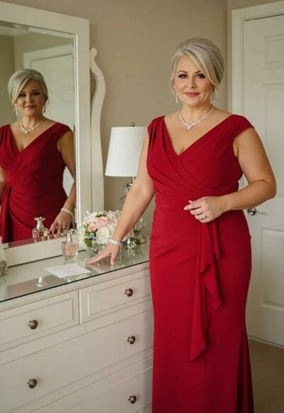 Plus Size Red Satin Mother of Bride/Groom Dress Evening Formal Gown
