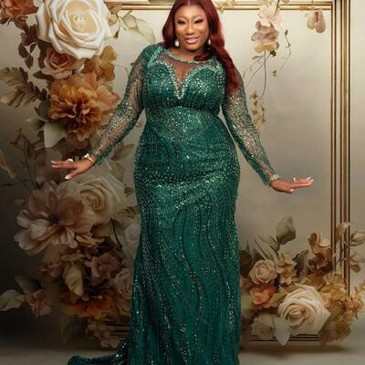 Plus size dark green mermaid prom dresses for special occasion sequined beaded evening formal party second reception birthday dress