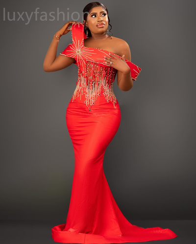 Red Mermaid Prom Dresses Stylish Beaded Crystals Evening Party Formal Second Reception Birthday Enagement Thanksgiving Dress