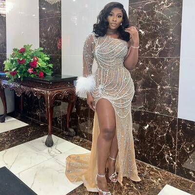 Illusion mermaid prom dress pearls beaded evening formal party second reception birthday engagement gowns dress robe de soiree 