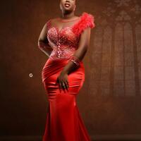 Plus Size Red Mermaid Prom Dresses For Special Occasion Beaded Lace Satin Evening Formal Party Second Reception Birthday Engagement Gowns - Thumbnail 1