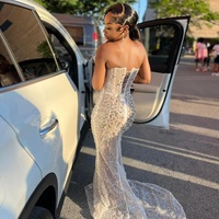 Ivory Illusion Mermaid Prom Dresses Crystals Pearls Sequined Evening Formal Party Second Reception Birthday Gowns Dress For Special - Thumbnail 1