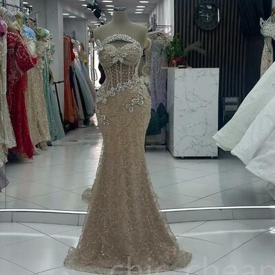 Champagne illusion mermaid prom dresses rhinestones lace evening formal party second reception birthday gowns dress 