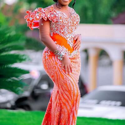 Orange mermaid prom dresses 2025 florals rhinestones sequined lace evening formal party second birthday engagement gowns plus size dress