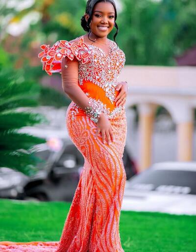 Orange Mermaid Prom Dresses 2025 Florals Rhinestones Sequined Lace Evening Formal Party Second Birthday Engagement Gowns Plus Size Dress