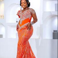 Orange Mermaid Prom Dresses 2025 Florals Rhinestones Sequined Lace Evening Formal Party Second Birthday Engagement Gowns Plus Size Dress - Thumbnail 1