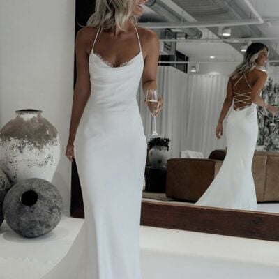 Sexy haler wedding dress, backless satin wedding dress bridal gown