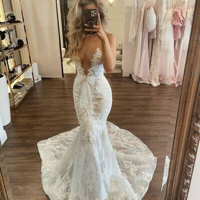 Sexy deep v-neck wedding dress, appliques tulle wedding dress bridal gown