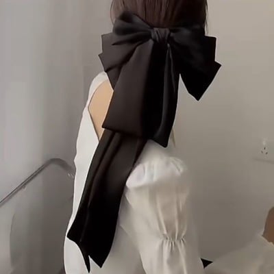 Oversized multi-layered satin  bow hair clip, classic black and burgundy, long tail design - Thumbnail 1