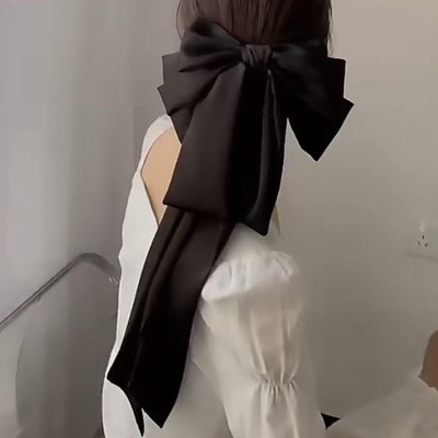 Oversized Multi-layered Satin  Bow Hair Clip, Classic Black and Burgundy, Long Tail Design