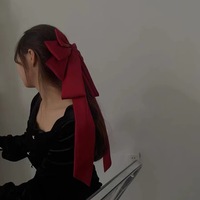 Oversized Multi-layered Satin  Bow Hair Clip, Classic Black and Burgundy, Long Tail Design - Thumbnail 2
