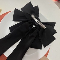 Oversized Multi-layered Satin  Bow Hair Clip, Classic Black and Burgundy, Long Tail Design - Thumbnail 4