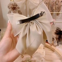 Elegant Hair Bow Barrette with Rhinestone Center, Large Layered Design in Black and White - Thumbnail 3